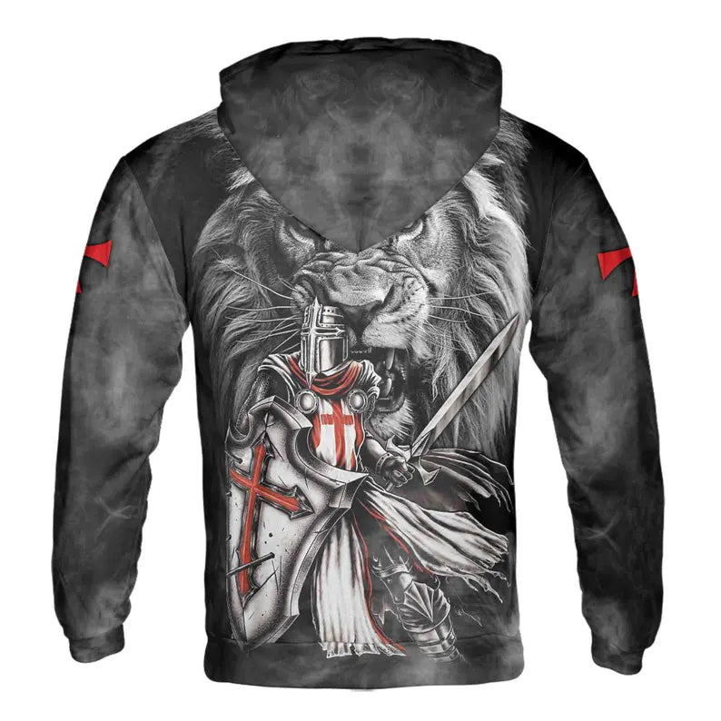 August Lion Behind Knight Templar Grunge Hoodie 3D