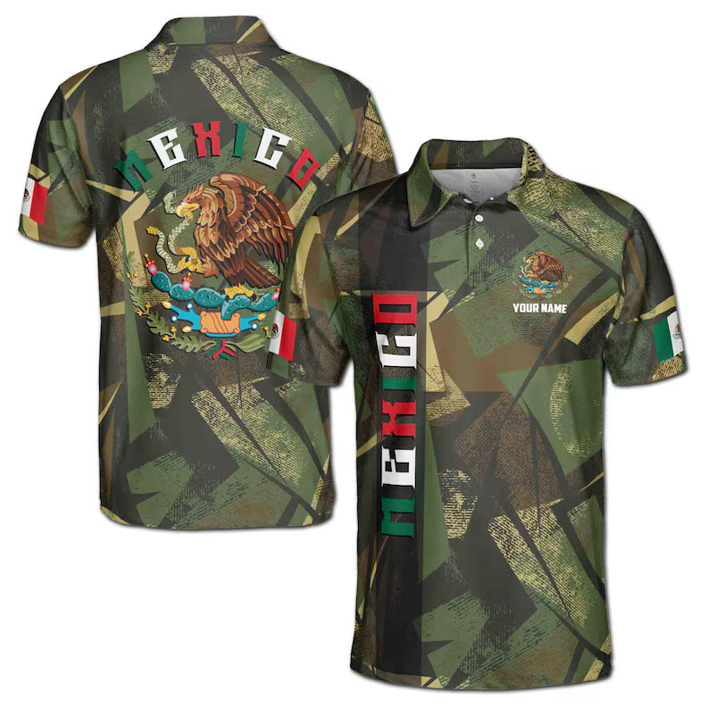 Custom Name Mexico Coat of Arms Camouflage Pattern Men's Polo Shirt
