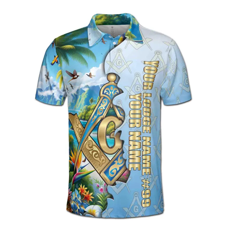 Custom Masonic Freemasonry Blue Tropical Nature Men's Polo Shirt