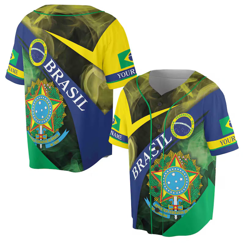 Custom Name Patriotic Brasil Coat of Arms Brazil Basbeball Jersey, 3D Baseball Jesey Shirt