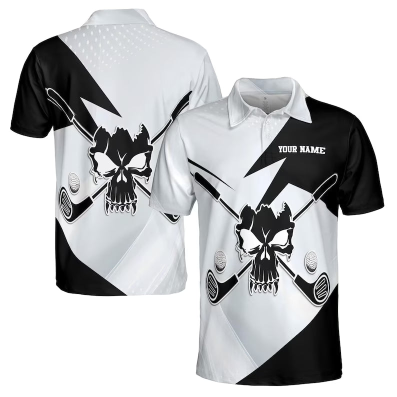 Custom Name Black And White Skull With Golf Men's Polo Shirt
