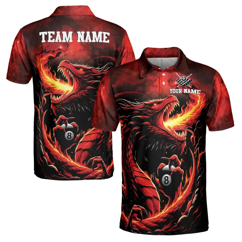 Custom Name Fire Dragon Billiard Passonate Player Men's Polo Shirt