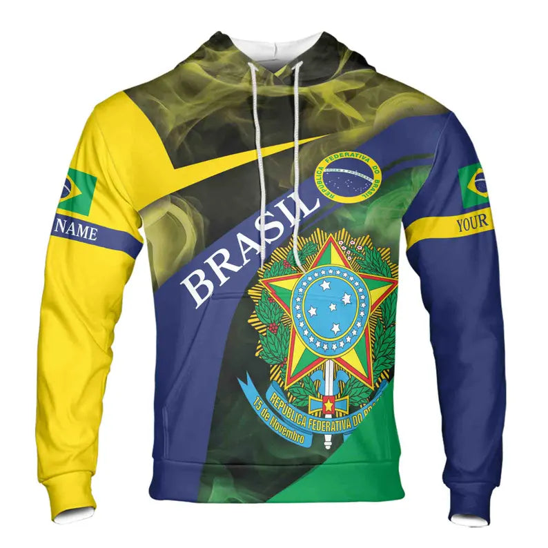 Custom Name Patriotic Brasil Coat of Arms Brazil Hoodie 3D