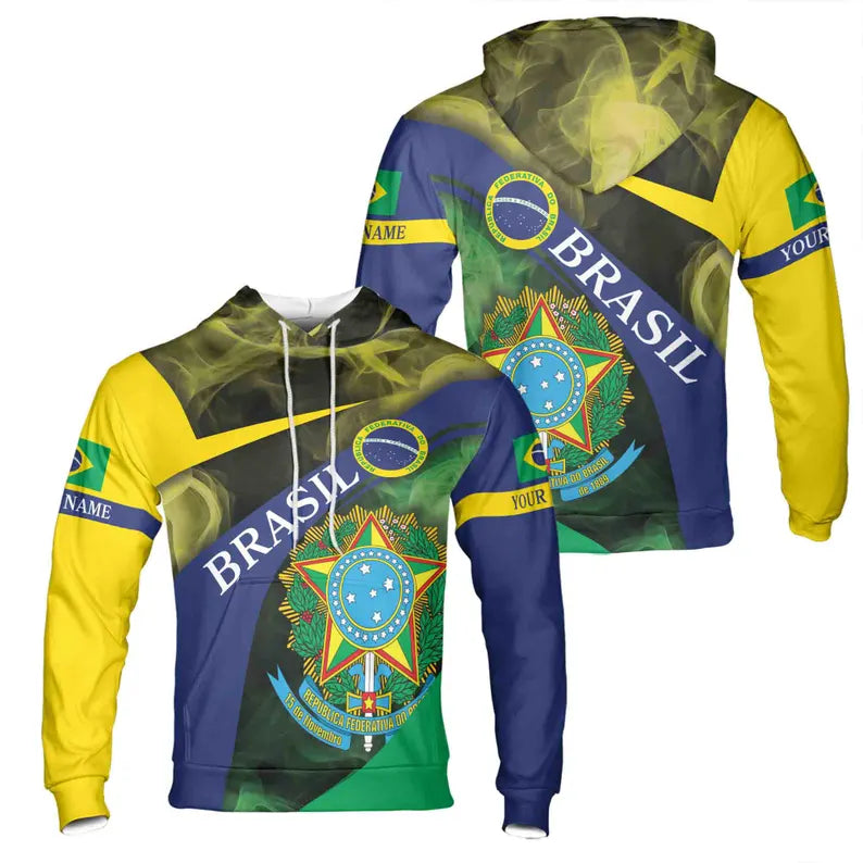 Custom Name Patriotic Brasil Coat of Arms Brazil Hoodie 3D