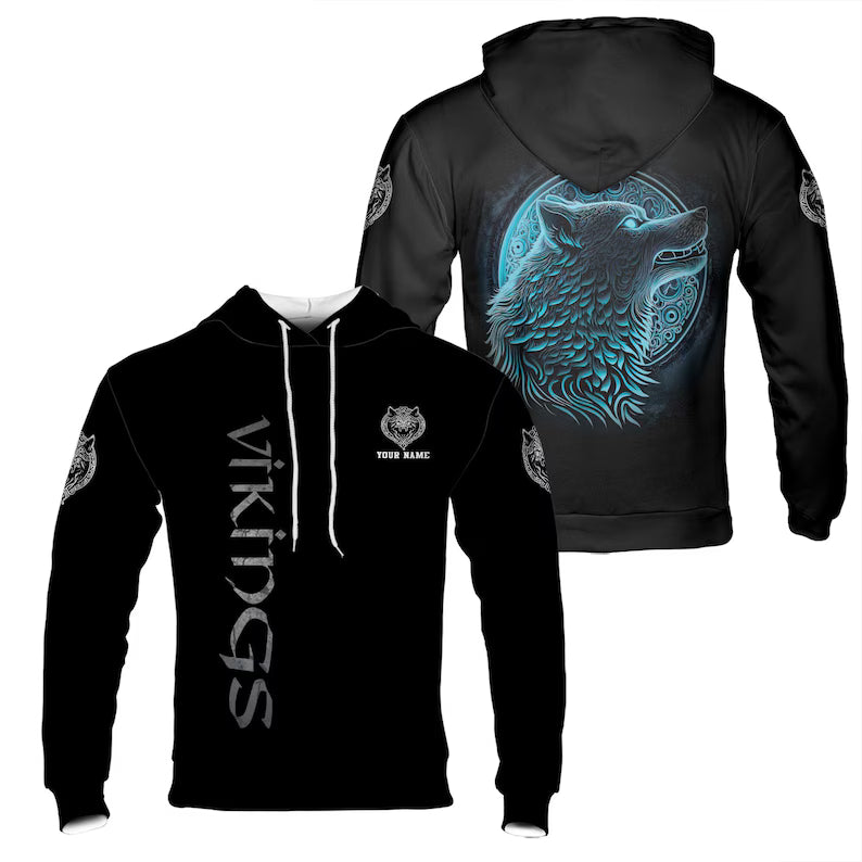 Custom Name Viking Wolf Under The Moon Tattoo Tribal Hoodie 3D