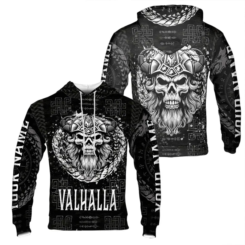 Customized Name Grunge Valhalla Skull Warrior Hoodie 3D