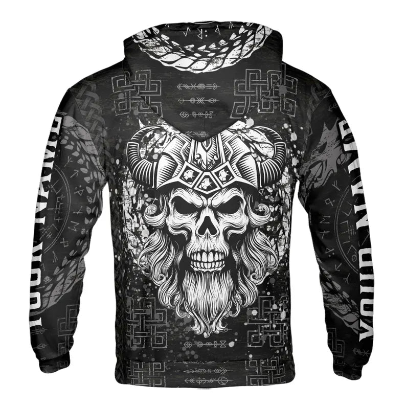 Customized Name Grunge Valhalla Skull Warrior Hoodie 3D