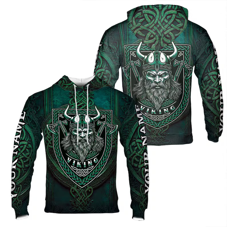 Custom Name Green Viking Valhalla Grunge Tribal Pattern Hoodie 3D
