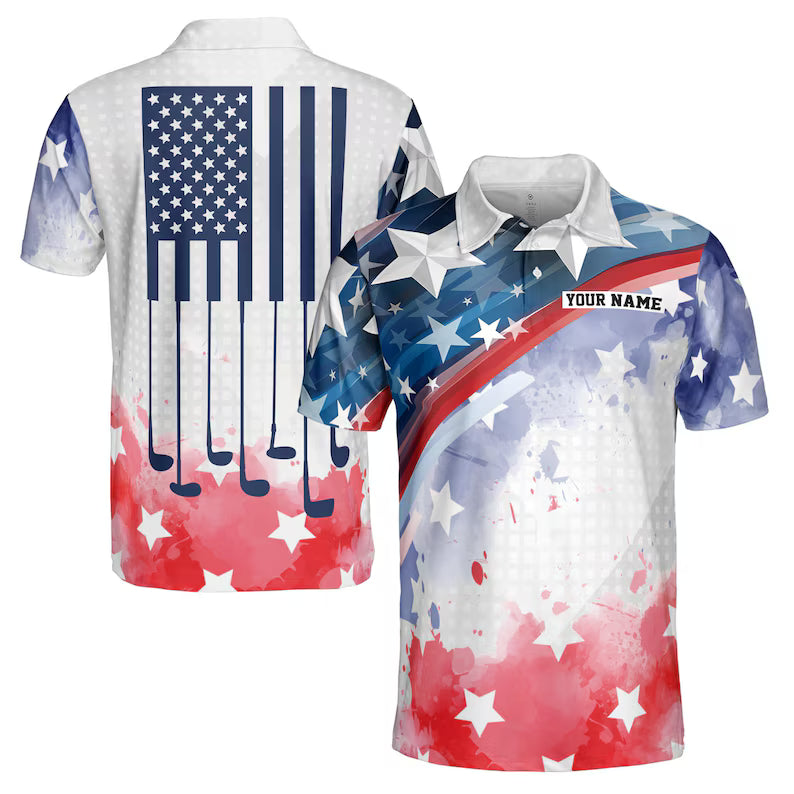 Custom Name American Flag Watercolor Play Golf Men's Polo Shirt