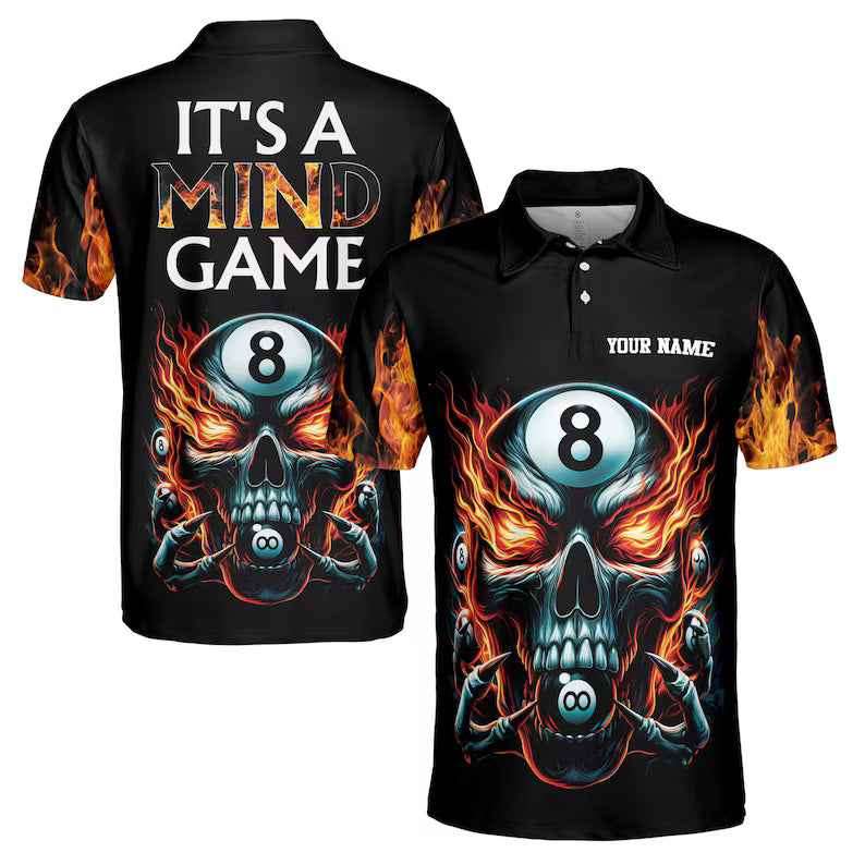Custom Name It's A Mind Game Skull 8-Balls Billiard Men's Polo