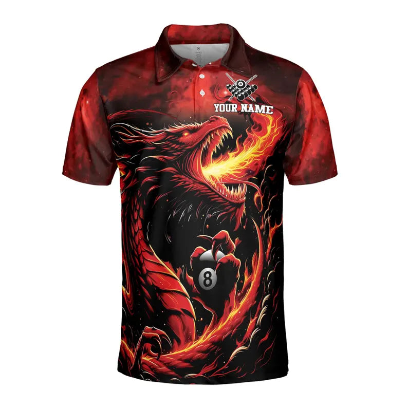 Custom Name Fire Dragon Billiard Passonate Player Men's Polo Shirt