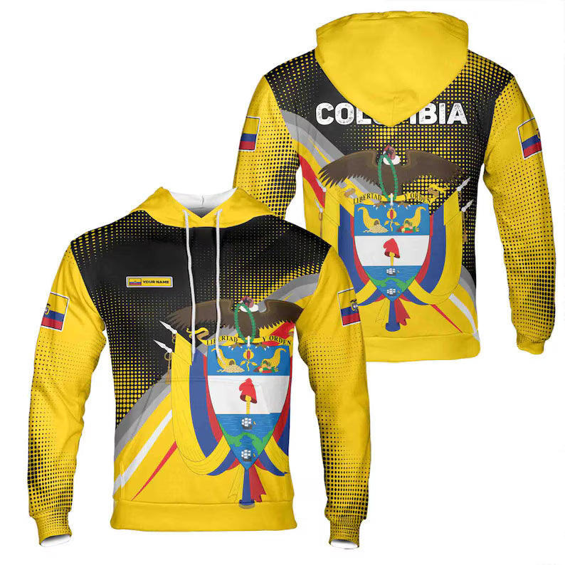 Custom Name Patriotic Colombia Coat of Arms Grunge Hoodie 3D