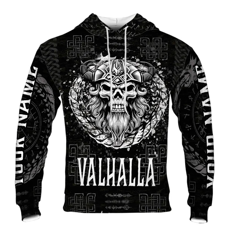 Customized Name Grunge Valhalla Skull Warrior Hoodie 3D