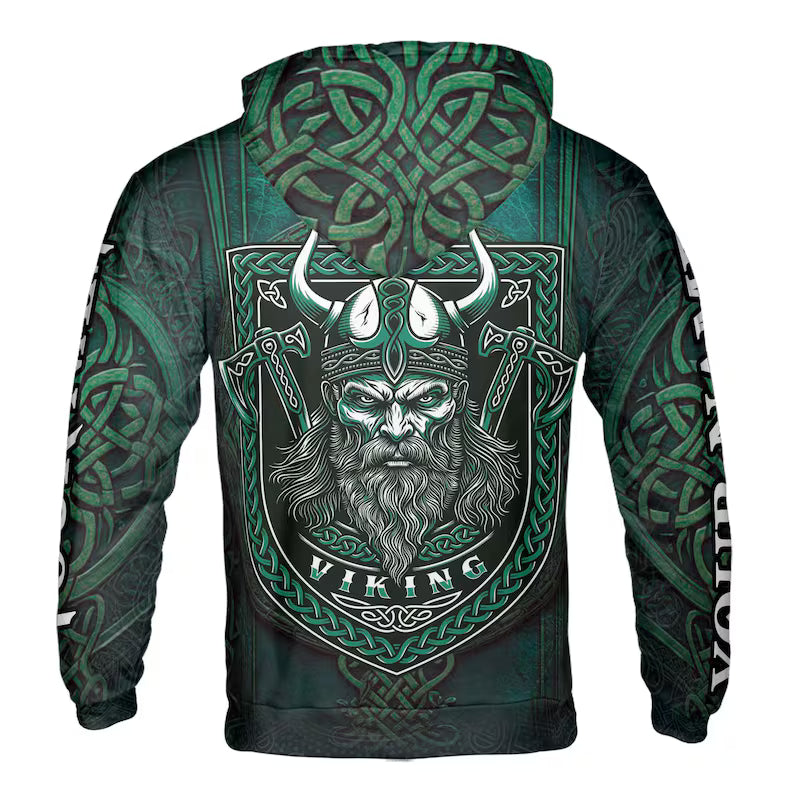 Custom Name Green Viking Valhalla Grunge Tribal Pattern Hoodie 3D