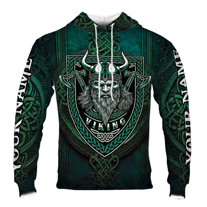 Custom Name Green Viking Valhalla Grunge Tribal Pattern Hoodie 3D
