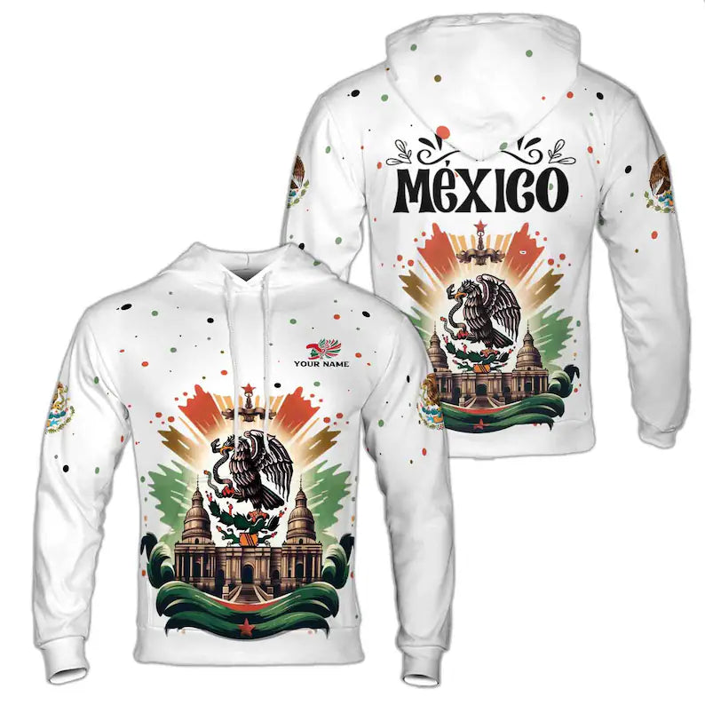 Custom Name Mexico Flag Coat of Arms Celebration Mayan Temple Hoodie 3D