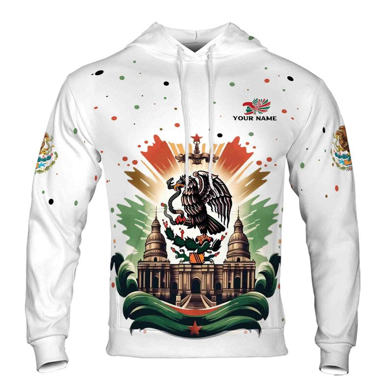 Custom Name Mexico Flag Coat of Arms Celebration Mayan Temple Hoodie 3D