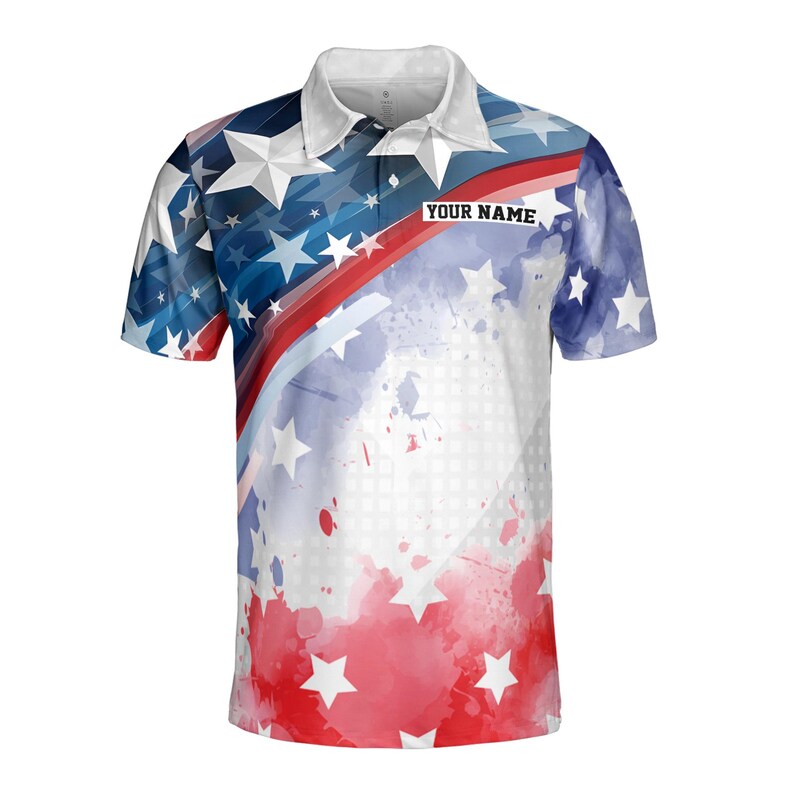 Custom Name American Flag Watercolor Play Golf Men's Polo Shirt