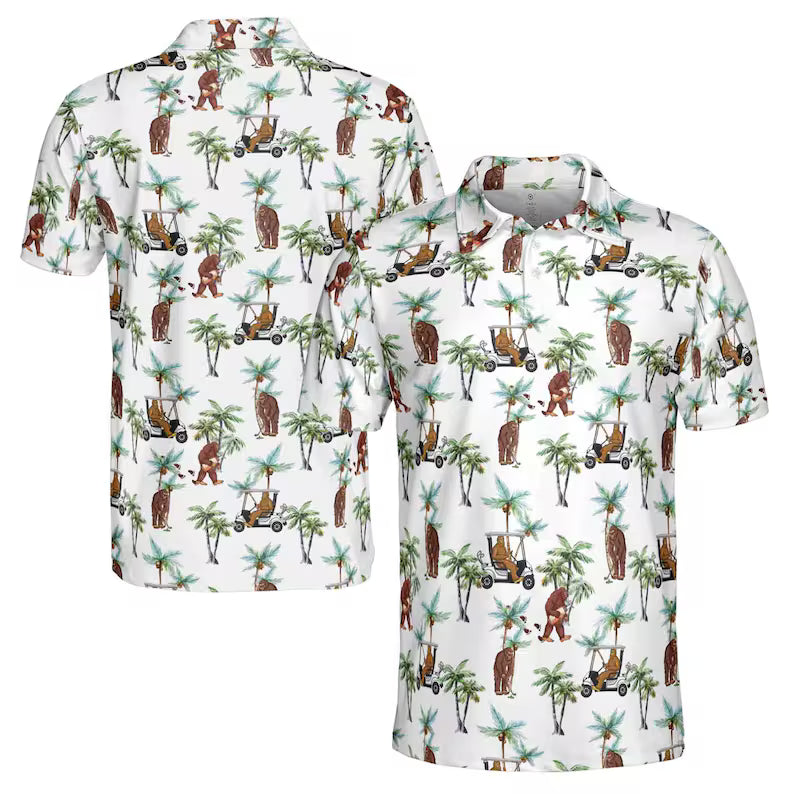 Funny Sasquatch Bigfoot Playing Golf, Tropical Golf Gift Polo Shirt