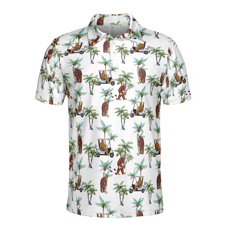 Funny Sasquatch Bigfoot Playing Golf, Tropical Golf Gift Polo Shirt