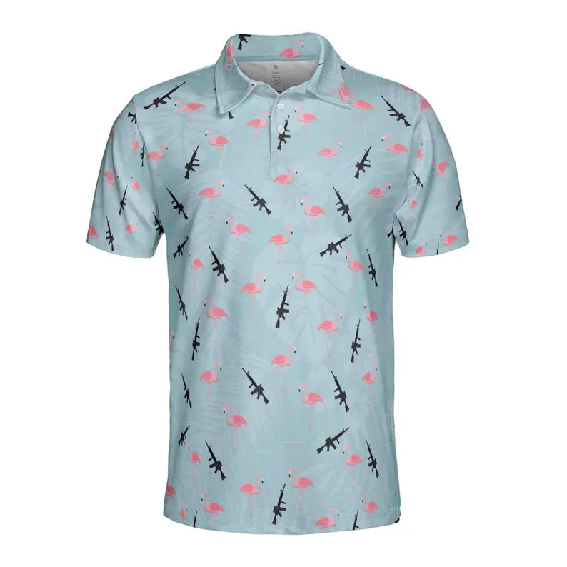 Funny Gun Pink Flamingo Floral Plants Golf Men's Polo Shirt