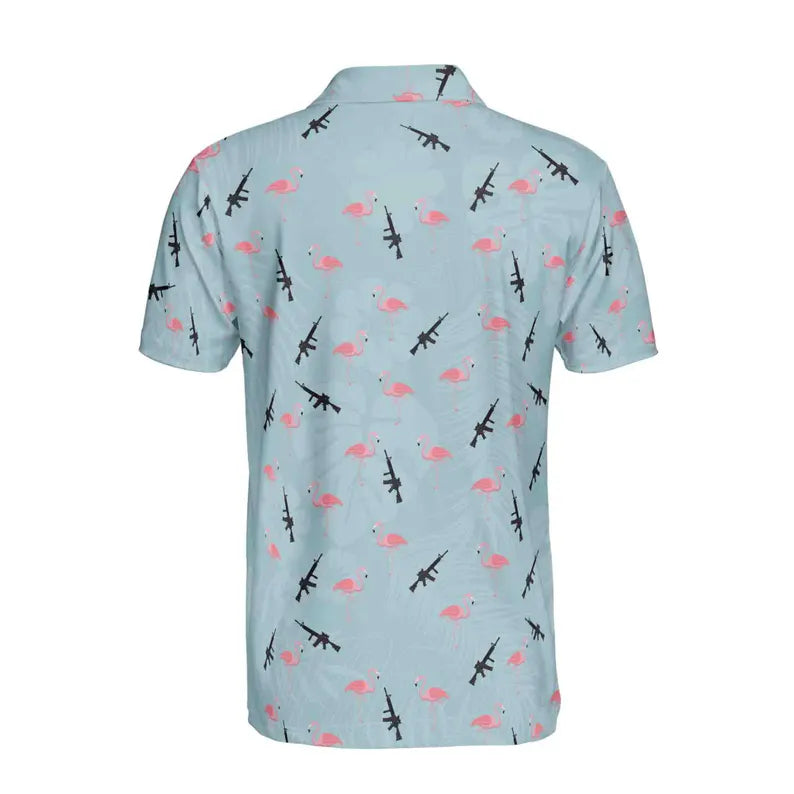 Funny Gun Pink Flamingo Floral Plants Golf Men's Polo Shirt