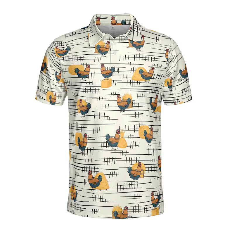 Funny Chicken Rooster Beside Haystacks Pattern Golf Men's Polo Shirt