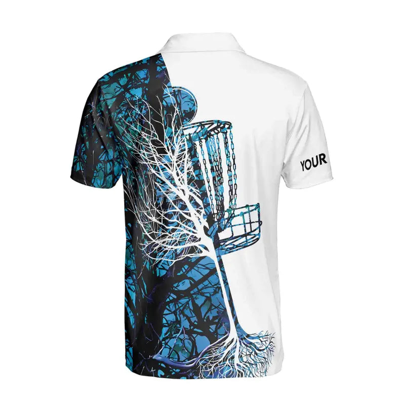 Men's Disc Golf Polo Shirt: Custom Name Blue Camo Design