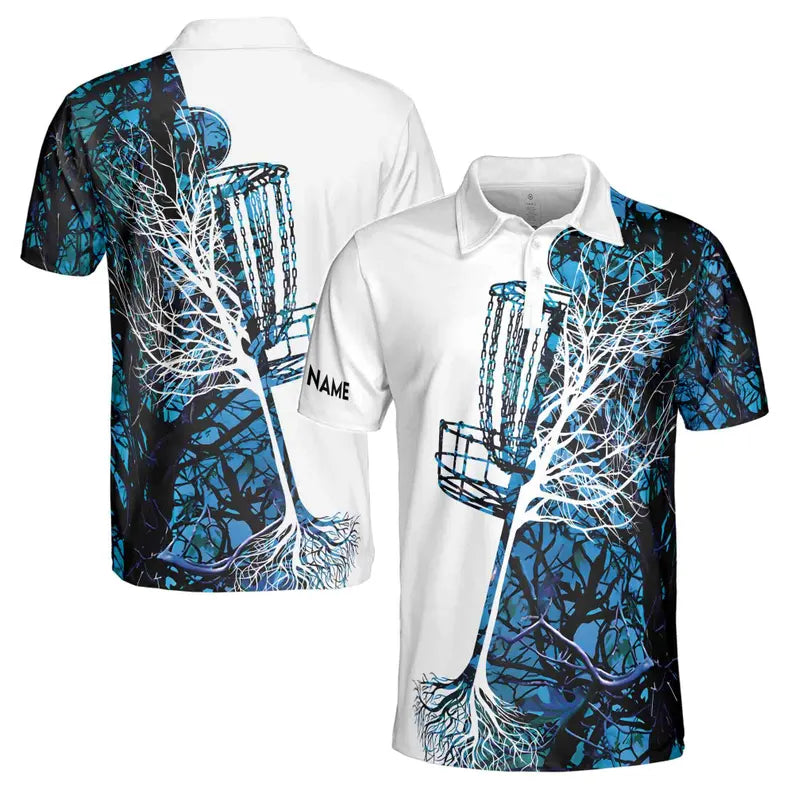 Men's Disc Golf Polo Shirt: Custom Name Blue Camo Design