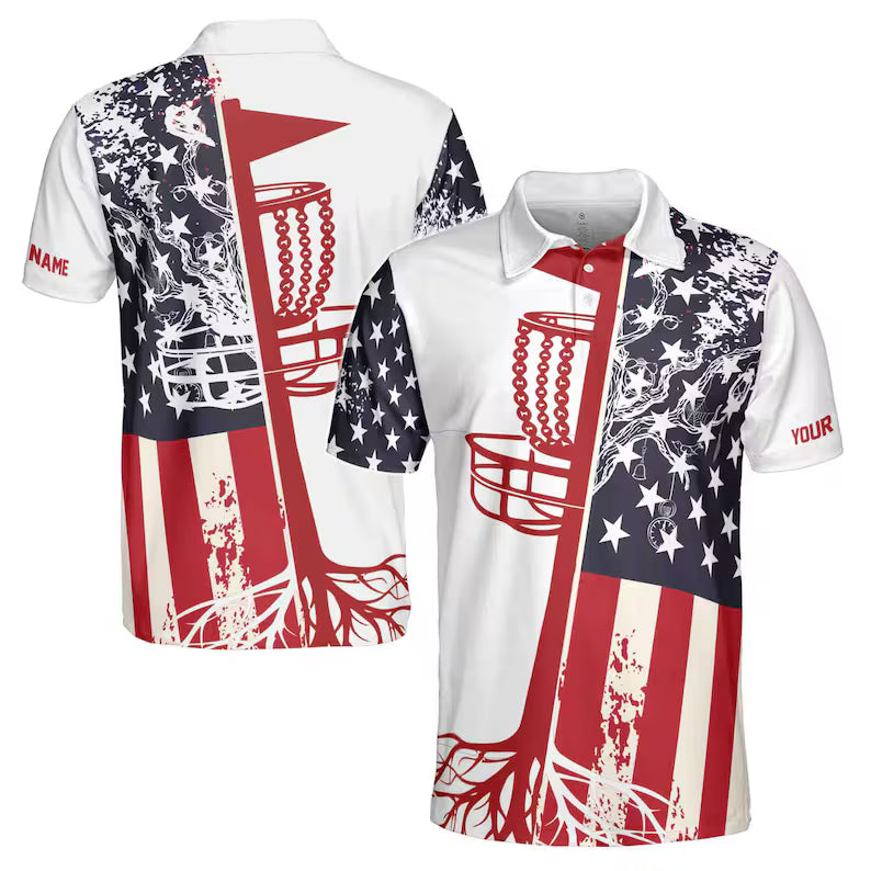 Funny Custom Name American Flag Discs Golf Blue Patriotic Men's Polo Shirt