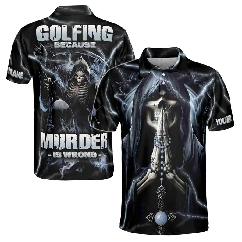 Custom Name Skeleton Golfing Because Murder Is Wrong Men's Polo Shirt