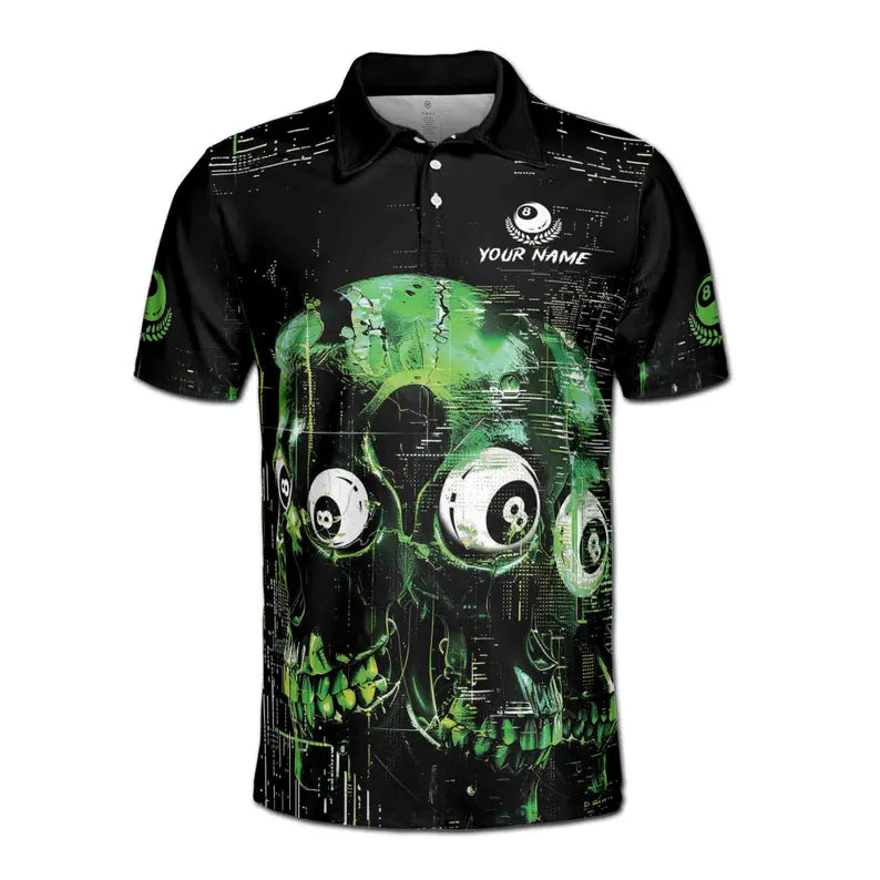 Custom Billiard Men's Polo Shirt: Green Skull 9 Ball Design