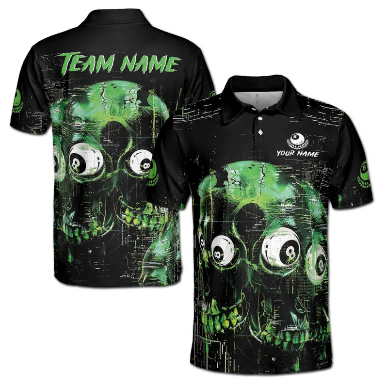 Custom Billiard Men's Polo Shirt: Green Skull 9 Ball Design