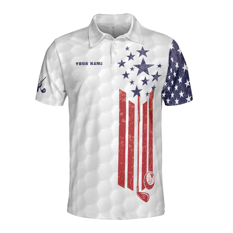 Custom Name American Retro Flag Golfer Silhouette Men's Polo Shirt