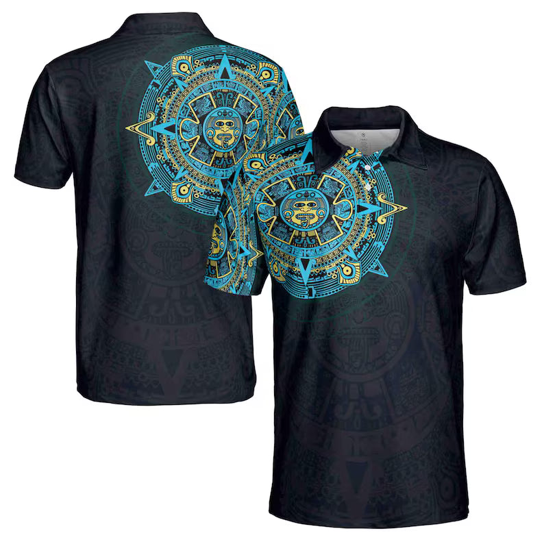 Blue Mexico Viking Tattoo Aztec Men 3D Polo Shirt