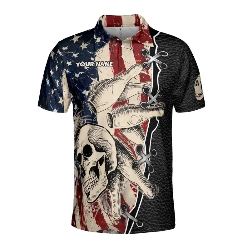 Customize Name Team Name Retro Skul American Flag Bowling Men's Polo Shirt