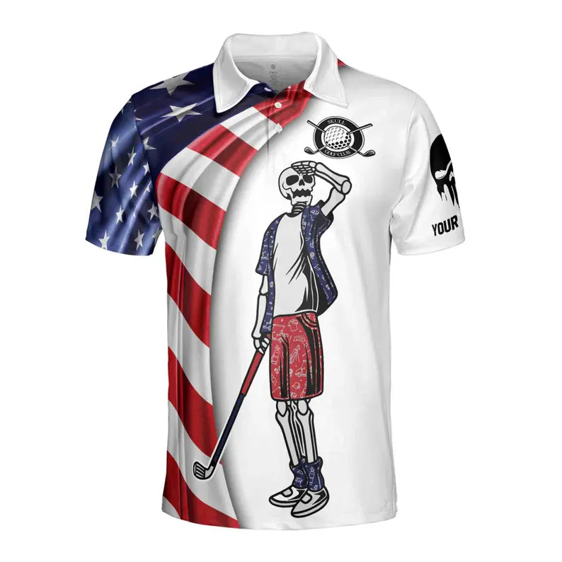 Custom Name USA Flag Skull Golf Men's Polo Shirt