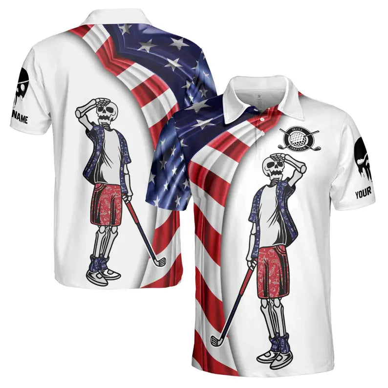 Custom Name USA Flag Skull Golf Men's Polo Shirt