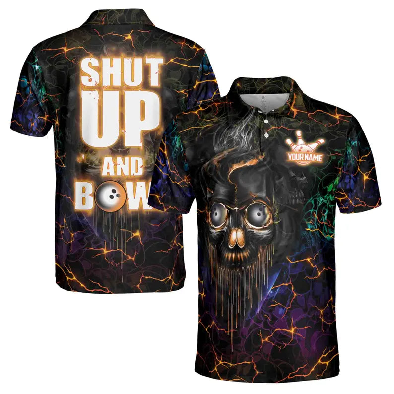 Custom Name Skull Bowling Polo Shirt: Neon Lighting Skull Bowl Design