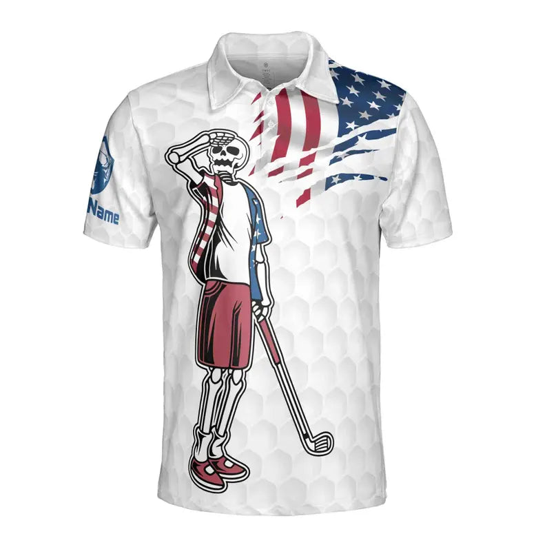 Custom Name Golf Men's Polo Shirt: Funny Skeleton American Flag Design