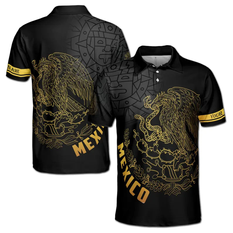 Custom Name Mexico Tribal Aztec Eagle Coat of Arms Men's Polo shirt