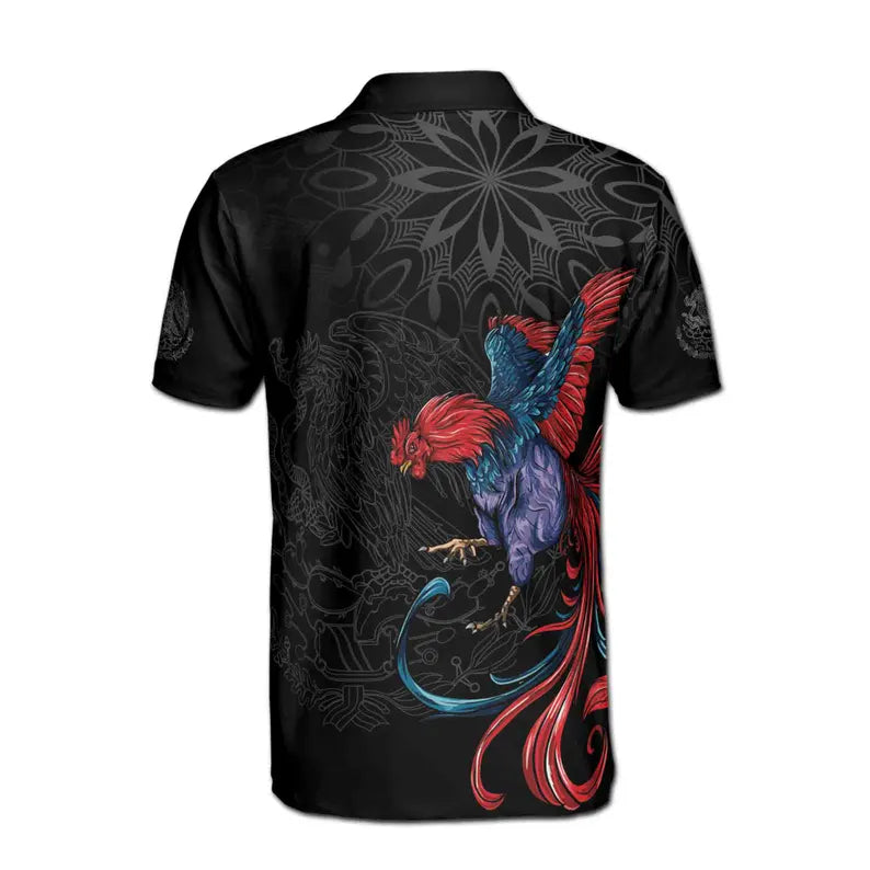 Rooster Graphic Chicken Mexican Aztec Black Eagle Men's Polo Shirt