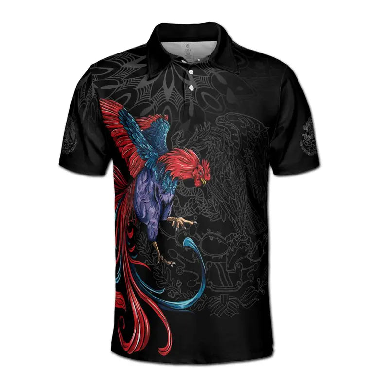 Rooster Graphic Chicken Mexican Aztec Black Eagle Men's Polo Shirt