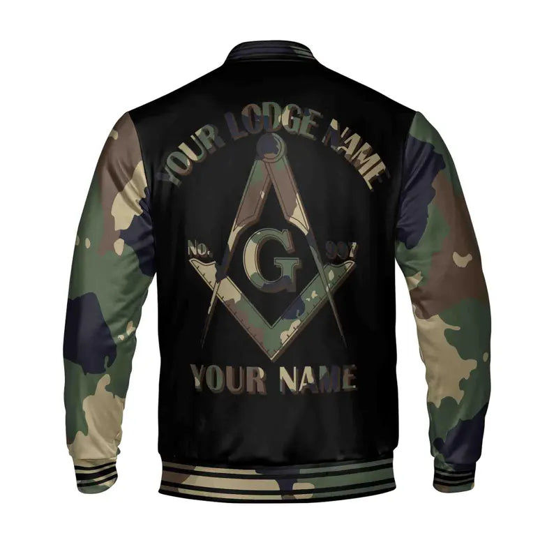 Custom Camo Freemason Masonic Symbol, Camouflage Freemasonary 3D Baseball Jacket