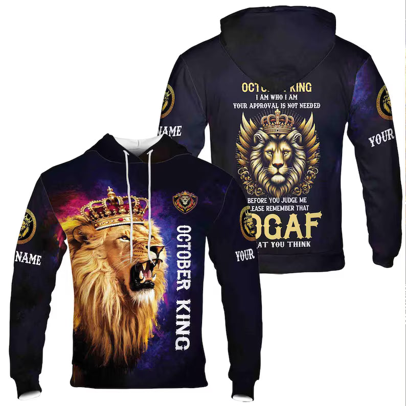 Custom Name Born In October King Honor Lion 3D All Over Printed Hoodie