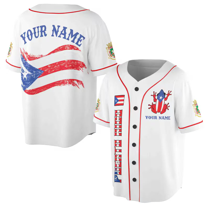 Custom Name Puerto Rico Flag and Frog Design Baseball Jersey, 3D Baseball Jesey Shirt