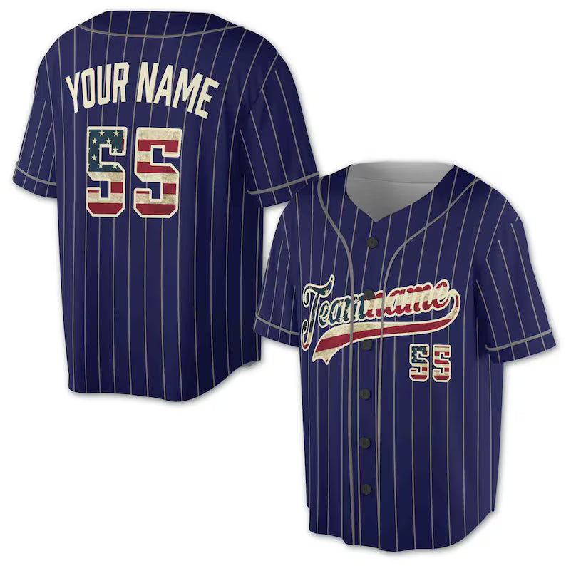 Custom Pinstripe Baseball Jersey: Vintage USA Flag, Personalized Name & Number, 3D Baseball Jersey Shirt