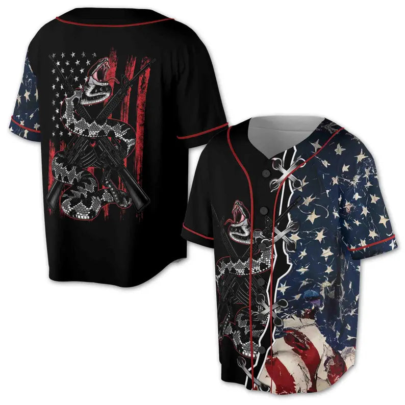 Retro America Flag Patriotic Dark Snake On Gun Baseball Jersey, 3D Baseball Jersey Shirt