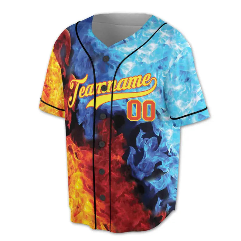 Personalized Opposing Flame Red and Blue Baseball Jersey, 3D Baseball Jersey Shirt