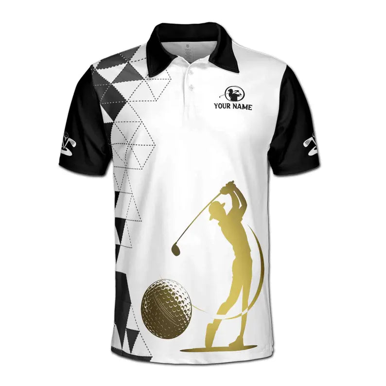 Customized Name Man Play Golf Golden Pattern Men's Polo